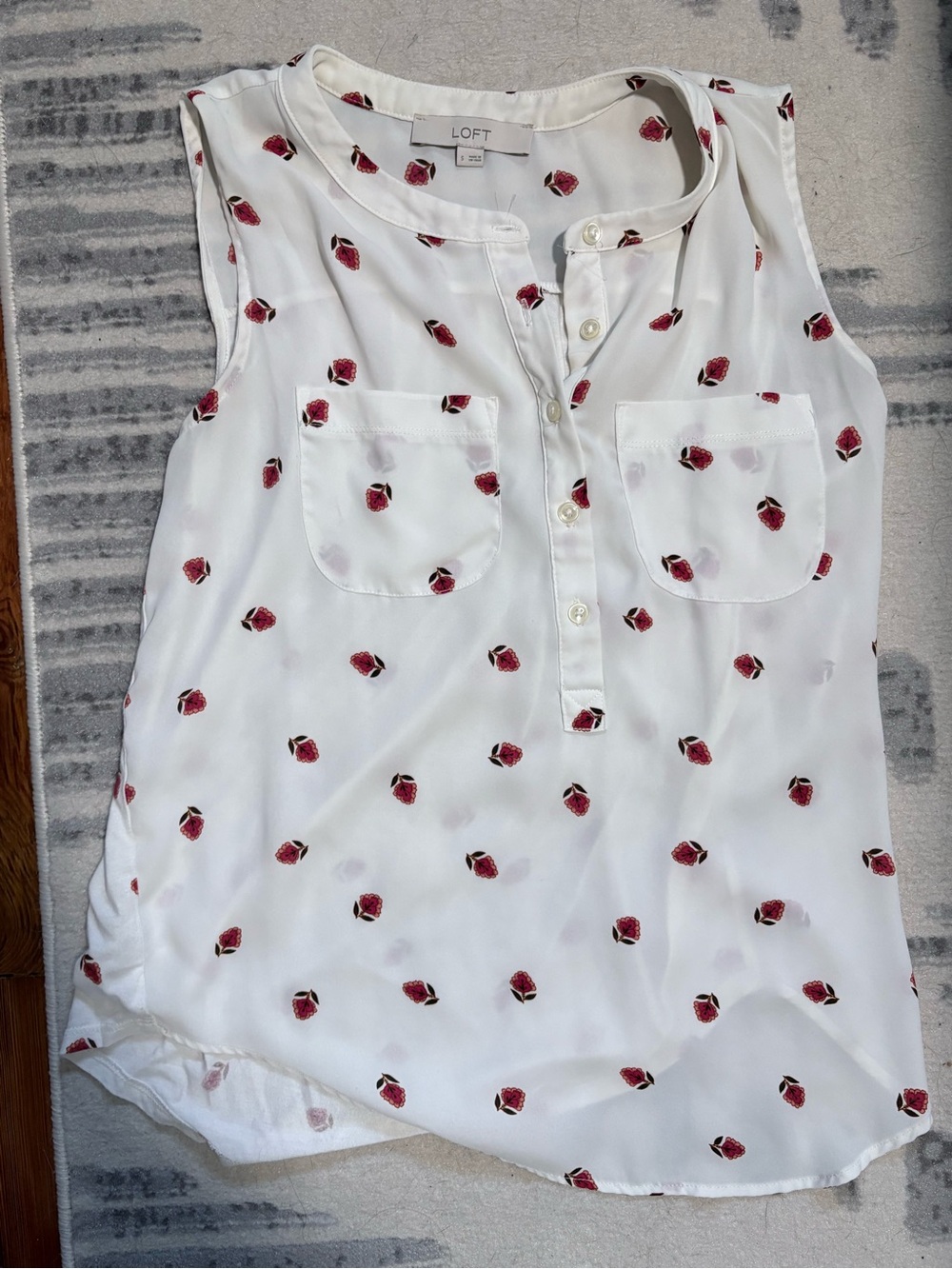 LOFT White Sleeveless Henley Top with Red Floral Dot Print
